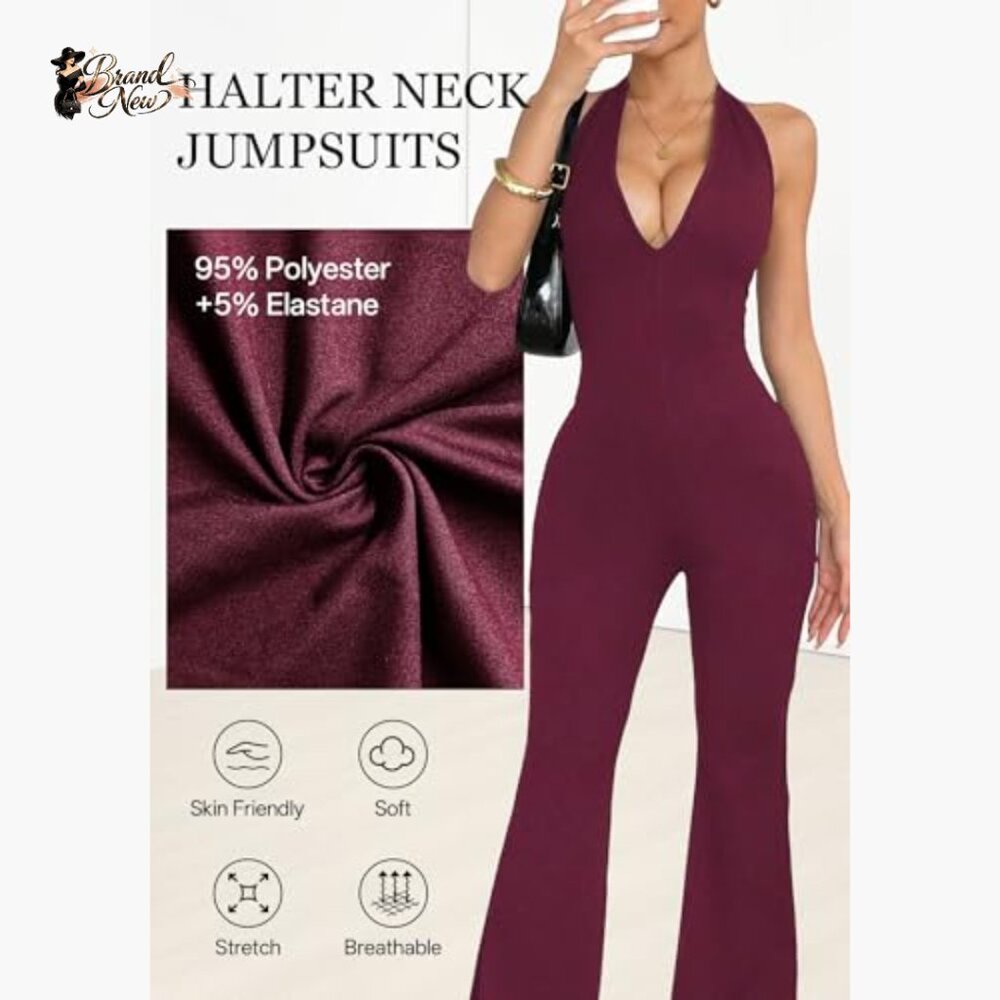 Polyester Elastane Halter Neck Backless Jumpsuit … - image 3